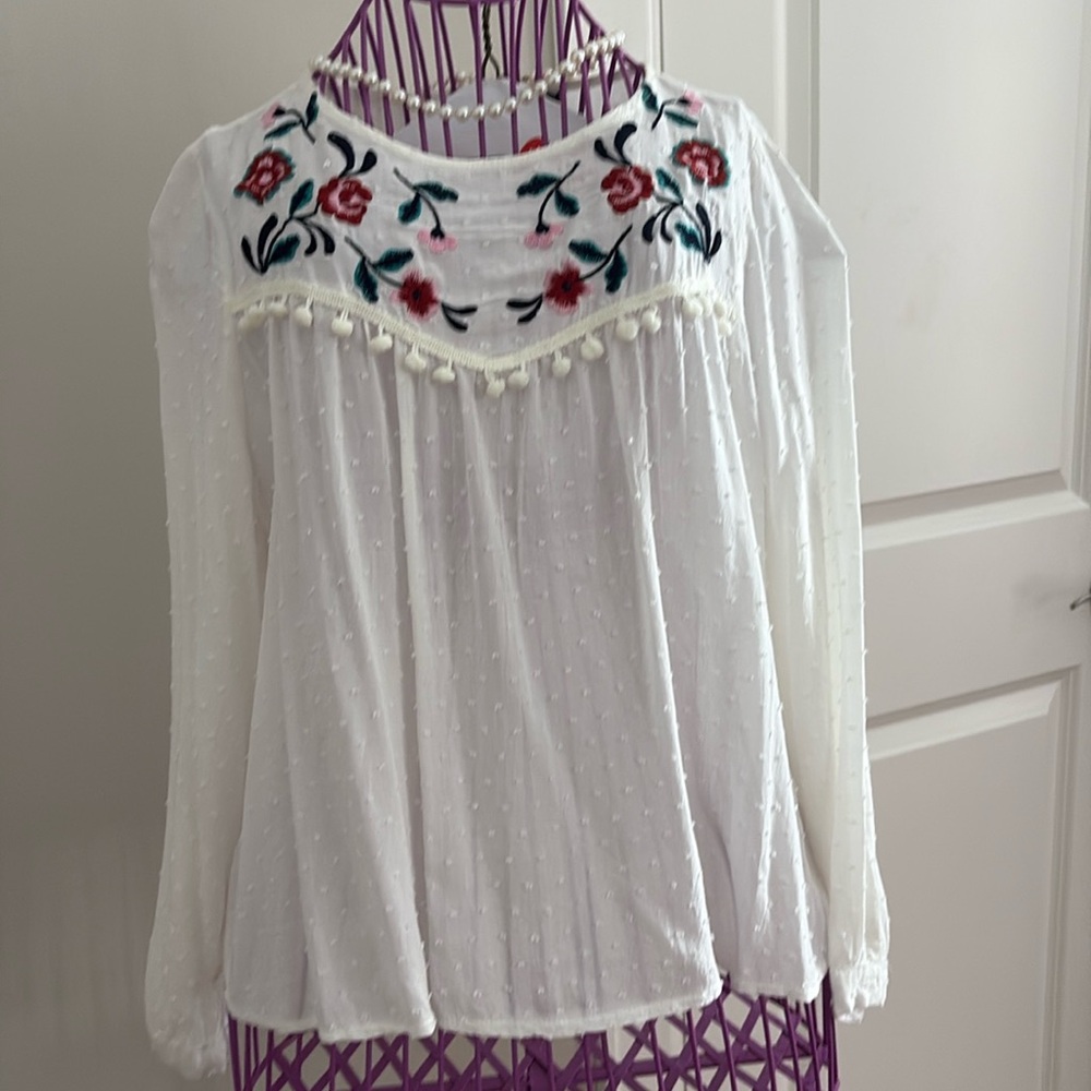 Girls Sacred Threads White Blouse with Floral Embroidery